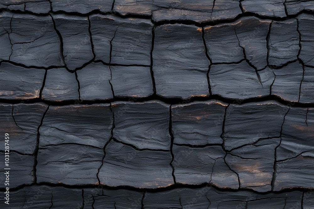 Poster intricately charred tree bark with deep cracks and blackened weathered texture intense graphical pat