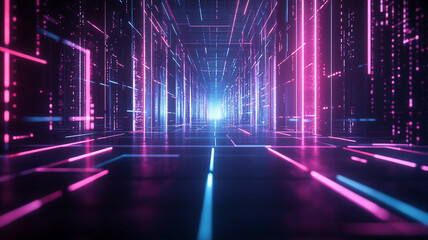 Neon-lit corridor with glowing lines conveying a futuristic digital environment at night