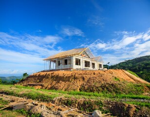 Fototapeta premium An old house under construction nestled in the mountains surrounded by green fields and trees under a cloudy sky
