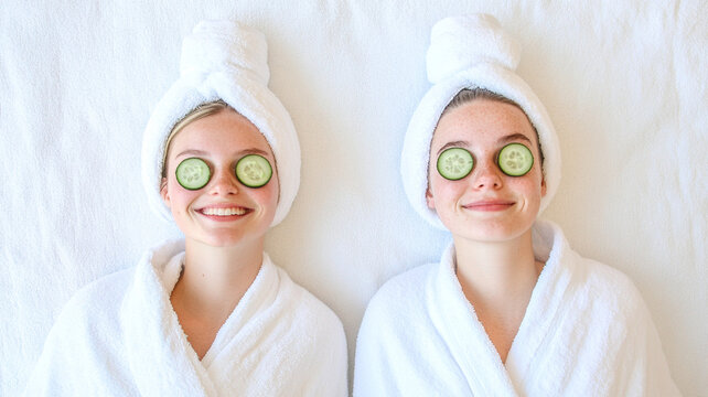 Relaxing friends enjoying spa day with cucumber slices on their eyes, wrapped in soft towels. This serene moment captures joy and tranquility - Powered by Adobe