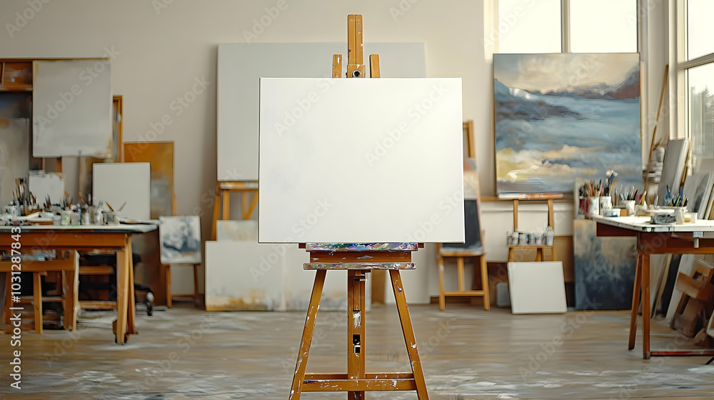 Poster an empty canvas on an easel in an artist's studio.
