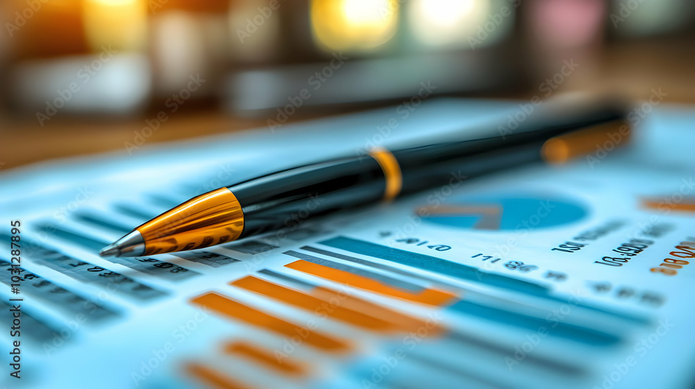 Aufkleber close-up of a pen on a financial report with graphs and data.