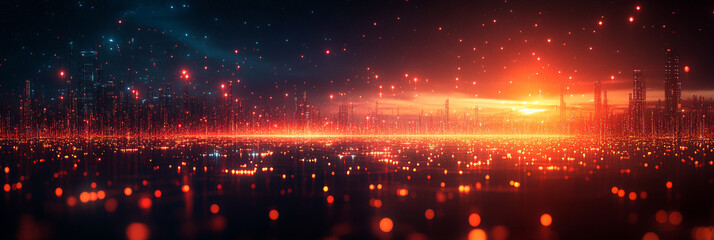 Obraz premium Futuristic cityscape at night, glowing with red lights.
