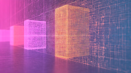Obraz premium Abstract digital cubes in a futuristic setting, with glowing neon colors and a grid background.
