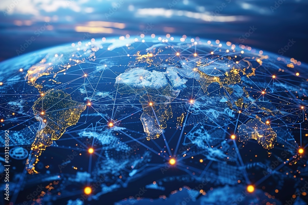 Poster a digital representation of earth showcasing interconnected networks and illuminated cities.