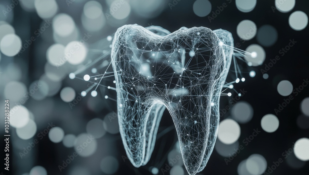 Poster a 3d rendering of a tooth, with a wireframe style, against a bokeh background, representing digital 