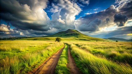 Obraz premium A winding dirt road leads to a solitary hill under a sky of dramatic clouds