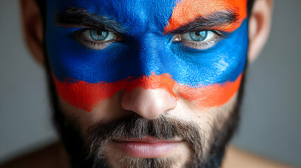 Obraz premium A man with blue and orange face paint, showcasing intense expression.