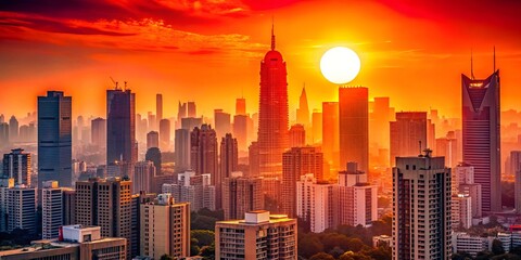 Naklejka premium A fiery sunset casts an orange glow over a skyline of towering buildings, creating a striking contrast between the warmth of the sky and the coolness of the concrete jungle.