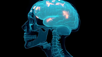 X-ray style image of a skull with a glowing brain illustration.