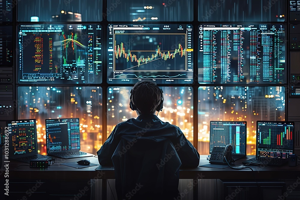 Poster a person analyzing financial data on multiple screens in a modern office setting.