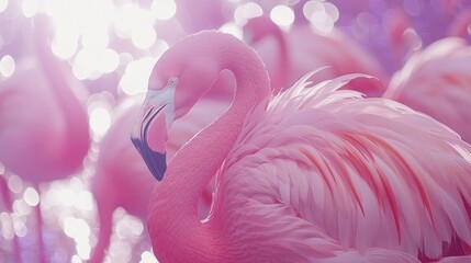 Naklejka premium A pink flamingo with its head tucked into its feathers, surrounded by other flamingos in a blurry background.