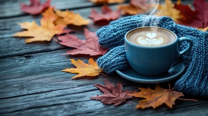 A cozy cup of coffee surrounded by autumn leaves.