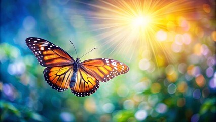 Fototapeta premium A Monarch Butterfly Glides Through a Sunlit Forest, Its Wings Capturing the Golden Rays of Sunlight.