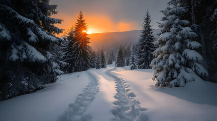 Fototapeta premium Serene winter landscape at sunset with snow-covered paths.