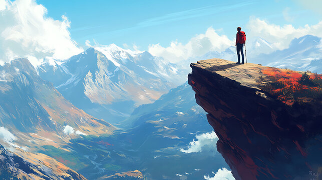 A solo hiker standing at the edge of a cliff, looking out over a vast mountain landscape, with a clear blue sky and dramatic scenery in the background 