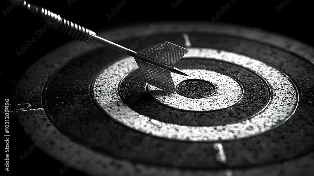 Poster a dart embedded in the center of a target, symbolizing focus.