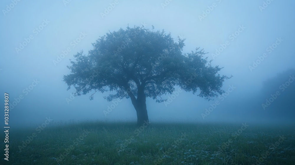 Poster a lone tree stands tall in a field shrouded in thick fog, creating a mysterious and ethereal atmosph