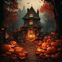 Halloween background with pumpkins and haunted house