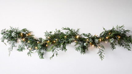 christmas evergreen garland with lights against a white wall