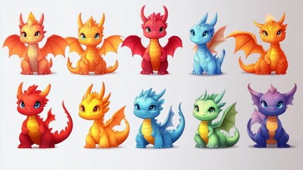 Obraz premium set of fantasy baby dragons, funny fairytale reptiles