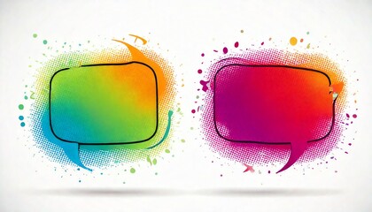 Colorful speech bubbles with vibrant splashes, symbolizing conversation and expression in a lively design.
