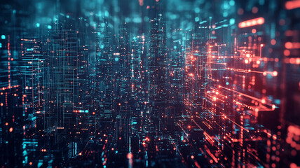 Obraz premium Futuristic city at night with glowing lines and vibrant colors in an abstract digital landscape