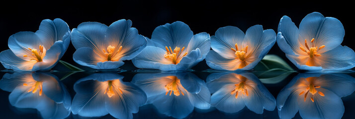 Blue tulips with orange centers reflected in the water.