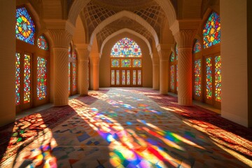 Mesmerizing stained glass windows inside Iranian mosque casting colorful light patterns