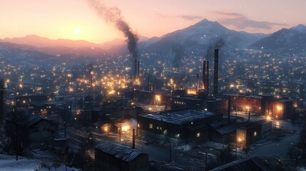 Naklejka premium Industrial landscape at sunset with smokestacks and city lights.