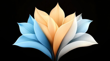 Abstract flower with blue, white, and orange petals against a black background.