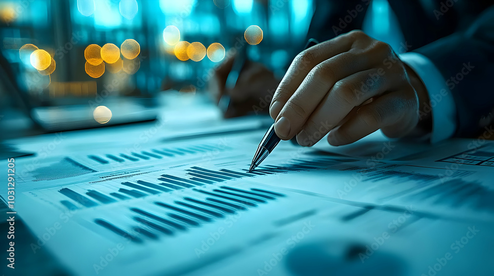 Poster a hand analyzing financial reports with charts and data.
