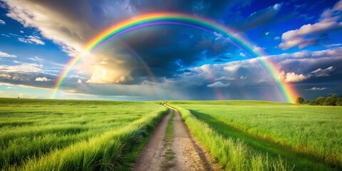 Naklejka premium A dirt road winds through a verdant field, leading towards a double rainbow arching through a dramatic sky filled with fluffy clouds.