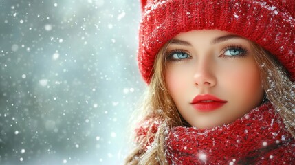 A young woman in a red hat and scarf, surrounded by falling snow.