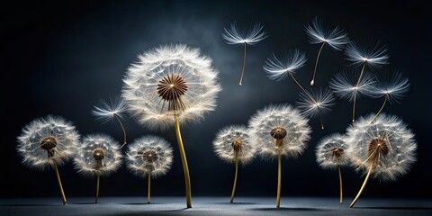 A collection of delicate dandelions with feathery seeds floating in the air, symbolizing the ephemeral nature of life and the beauty of natural change.