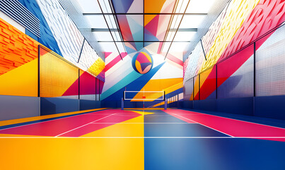 Fototapeta premium Dynamic Volleyball Action with Neon Lights and Abstract Geometric Patterns for Futuristic Sports Branding
