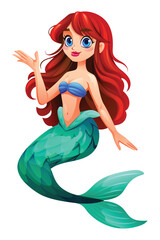 Beautiful mermaid waving hand in a cheerful pose. Vector cartoon character illustration