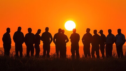Silhouettes of a group of men standing in a field at sunset.