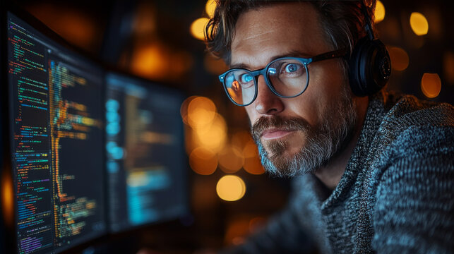 A man in glasses and headphones looks intently at a computer screen filled with code.