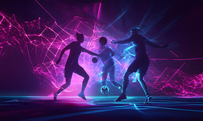 Dynamic Volleyball Action with Neon Lights and Abstract Geometric Patterns for Futuristic Sports Branding