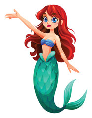 Beautiful mermaid waving hand in a friendly gesture. Vector cartoon character illustration