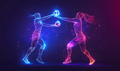 Fototapeta premium Dynamic Volleyball Action with Neon Lights and Abstract Geometric Patterns for Futuristic Sports Branding