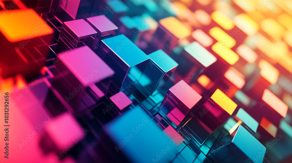 Poster vibrant abstract composition of colorful cubes illuminated by soft light in a digital space