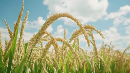 Close-up view of golden rice stalks in a field with a blue sky and white clouds.