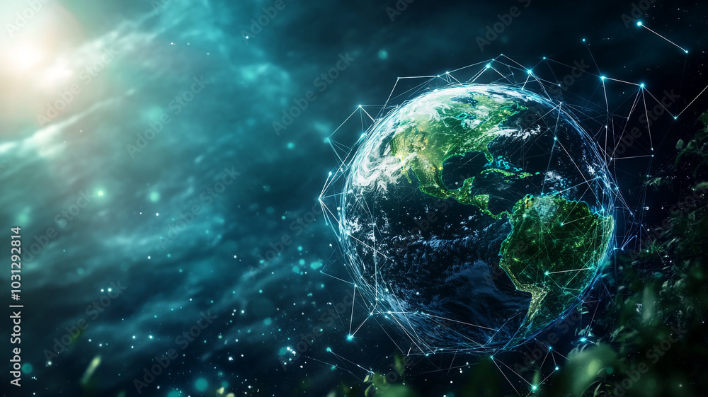 Poster digital representation of earth showcasing connections and networks in a cosmic environment