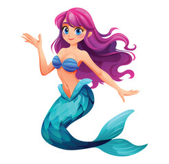 Beautiful mermaid character waving hand in a cheerful pose. Vector cartoon illustration