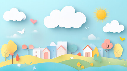 Colorful paper cut-out landscape featuring homes, trees, and clouds on a sunny day by the lake