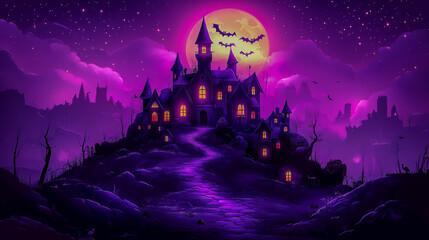 Haunted mansion on a hill under a full moon with bats flying..