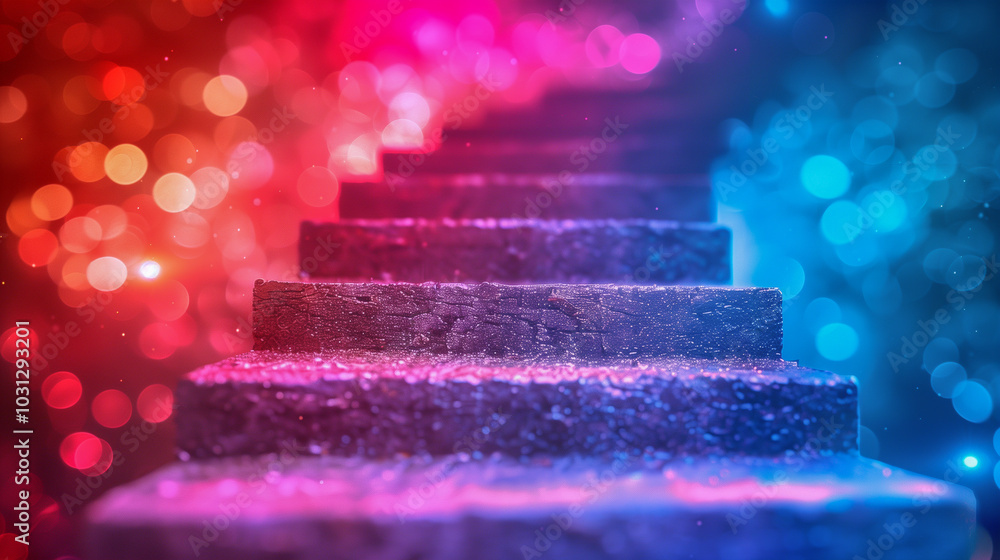 Poster vibrant staircase with colorful bokeh lights in dreamy atmosphere..