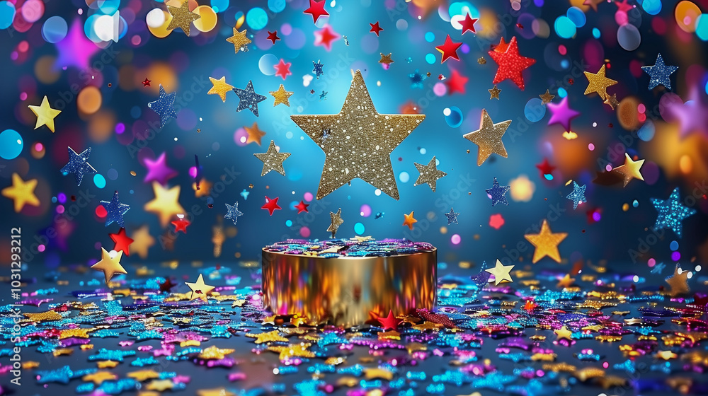 Poster vibrant floating stars and confetti around a shiny podium..